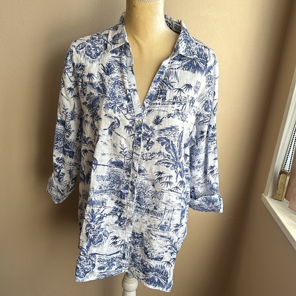 Joie Womens Linen Shirt Top Blue White Tropical New Birds Floral - Picture 2 of 3